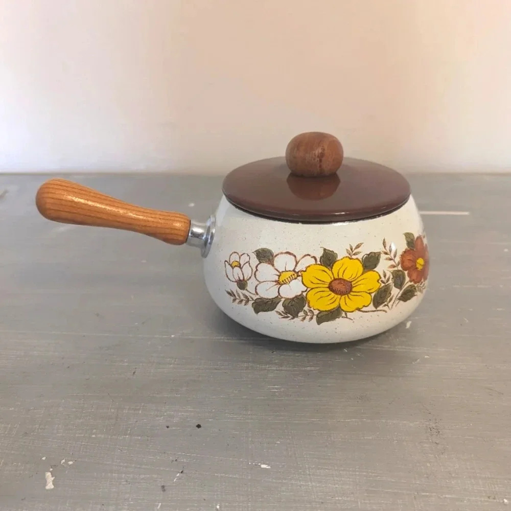 Vintage fondue pot with floral design , colorful design white pot, brown